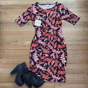 Lularoe Julia orange and Black Leaf Print Dress
